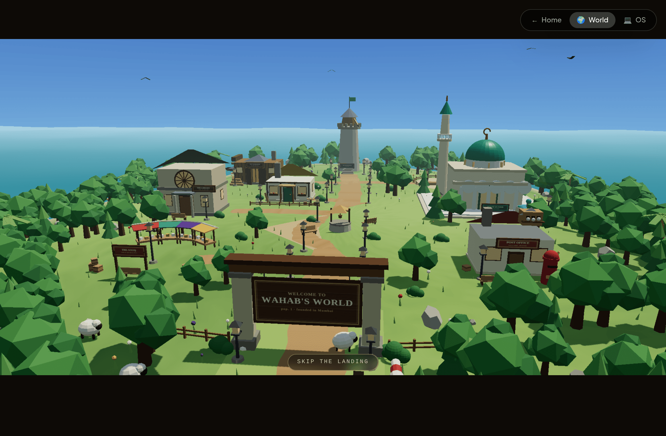 A low-poly island village: a welcome sign, a green-domed masjid, a watchtower, a library and a post office, ringed by trees and sea.